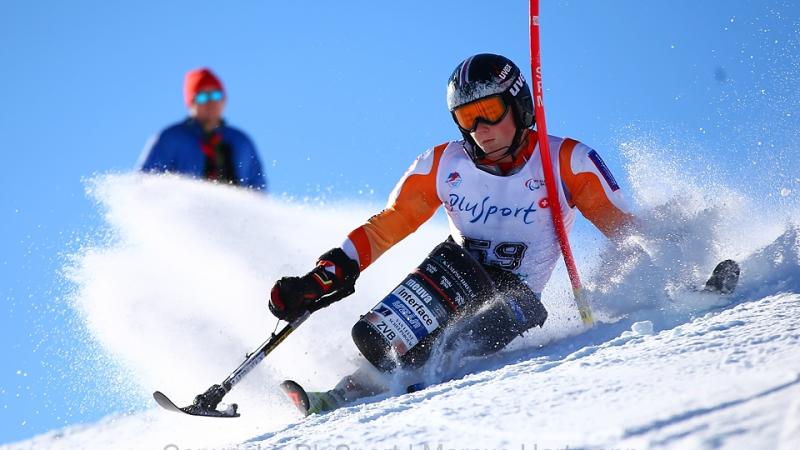 Male alpine sit skier races down a mountain