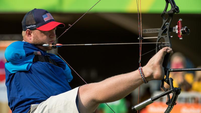 Matt Stutzman USA competes in the Men's Archery Individual Compound Open 1/8 Elimination Round against Andrey Muniz de Castro BRA at Sambodromo. 