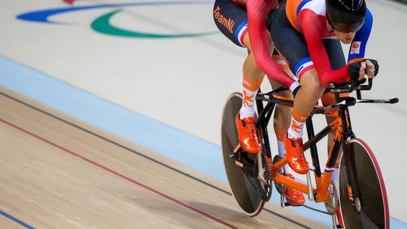 Vincent ter Schure NED and Timo Fransen NED on their way to a Silver Medal in the final of the Men's B 4000m Individual Pursuit in the Rio Olympic Velodrome.