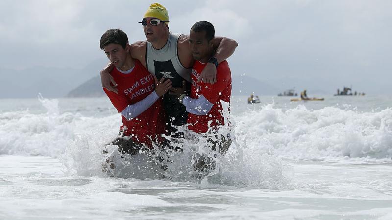 Mark Barr of the United States competes in the men's triathlon PT2 at Fort Copacabana during day 3 of the Rio 2016 Paralympic Games.