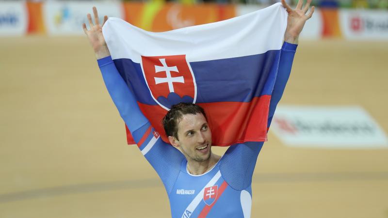 Jozef Metelka of Slovakia celebrates after winning the Men's C4 4000m Individual Pursuit Track Cycling on day 3 of the Rio 2016 Paralympic Games