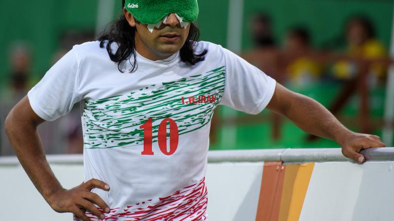 A blindfolded football 5-a-side player.