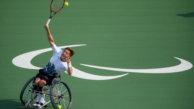 Alfie Hewett GBR playing against Joachim Gerard BEL in the Men's Singles Semi-final Wheelchair Tennis at the Olympic Tennis Centre