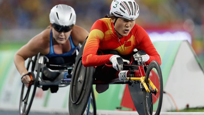 Hongzhuan Zhou of China competes at the Women's 800m - T53 Final during day 10 of the Rio 2016 Paralympic Games