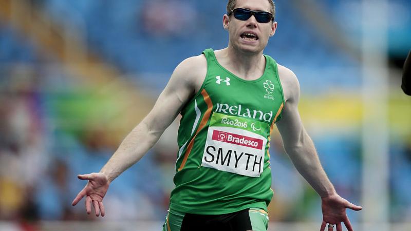 Jason Smyth of Ireland celebrates after winning the Men's 100m - T13 Final at the Olympic Stadium on Day 2 of the Rio 2016 Paralympic Games