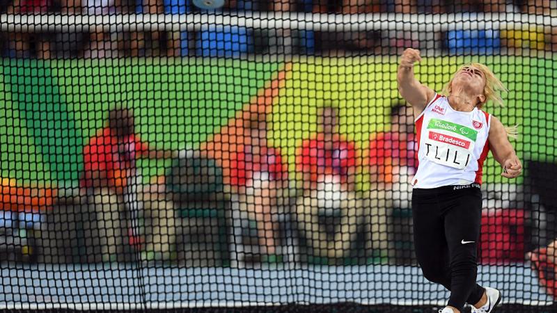 Raoua Tlili of Tunisia competes in the women's discus throw - F41 final during the day 8 of the Rio 2016 Paralympic Games