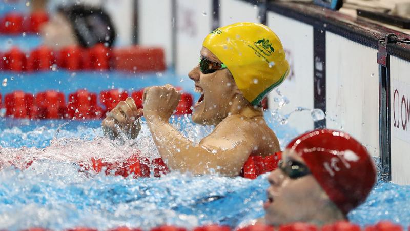 Ellie Cole of Australia celebrates winning the gold medal in the Women's 100m Backstroke - S9 Final on day 9 of the Rio 2016 Paralympic Games