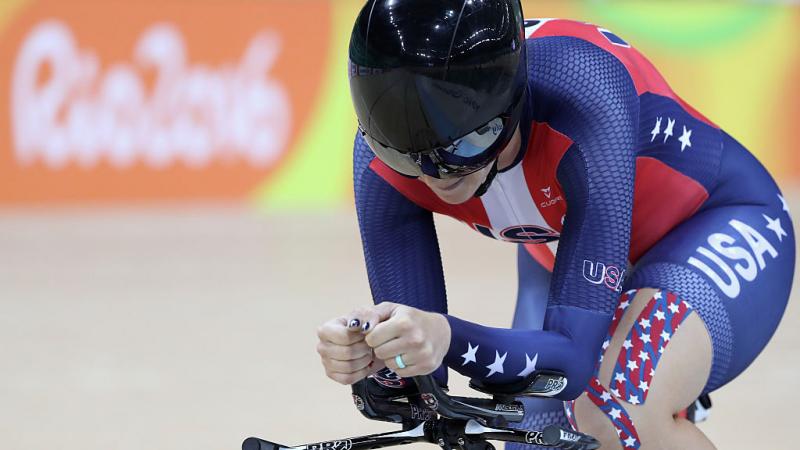 Samantha Bosco of the USA competes in the women's C5 3000m individual pursuit track cycling at the Rio 2016 Paralympic Games.