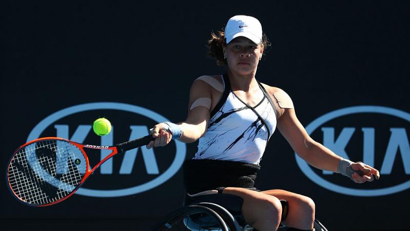 Marjolein Buis of the Netherlands competes against Lucy Shuker of Great Britain in their Quarterfinal match during the Australian Open 2017 Wheelchair Championships.