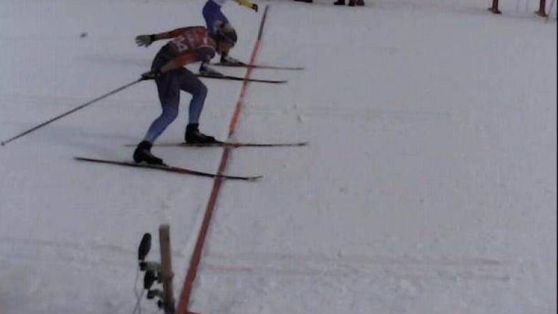 Two women's standing skiers cross the line at exactly the same time