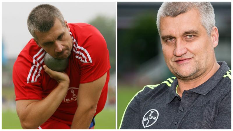 Two images of a man doing shot put and a portrait picture of the same man