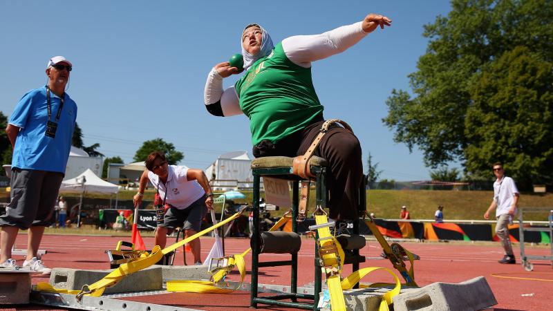 Algeria's Nadia Medjmedj throws in the women's shot put F55/56/57 at the 2013 IPC Athletics World Championships in Lyon, France.