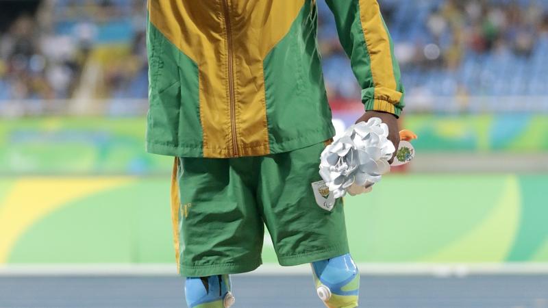 South Africa's Ntando Mahlangu celebrates winning 200m T42 silver at the Rio 2016 Paralympic Games.