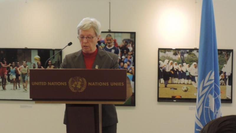 IWBF Secretary General Maureen Orchard speaks at the inauguration of the We Play Together photo exhibition.
