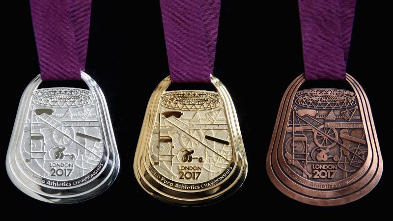 The London 2017 medals are layered with symbols of every event on the competition schedule, an intricate design that bears resemblance to the inner workings of a watch.