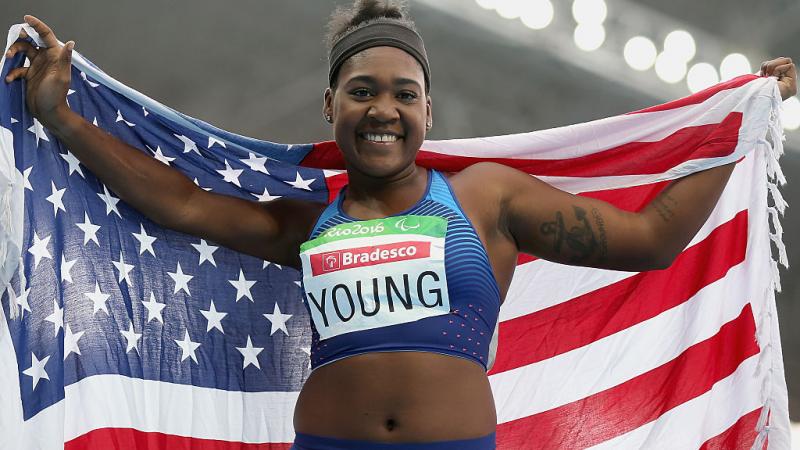USA's Deja Young celebrates after winning gold in women's 200m T44 final at Rio 2016