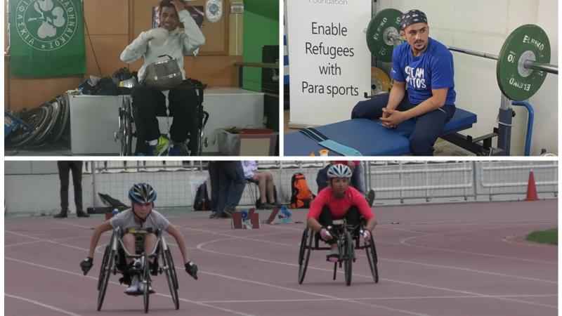 two men in wheelchairs and one sitting on a powerlifting bench