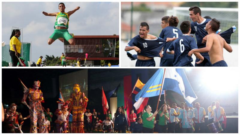 a man jumps into a sandpit, a group of men celebrate a goal, a group of athletes parade through a stadium