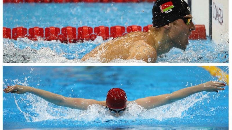 A male swimmer touches the wall and a female swimmer breathes during a stroke