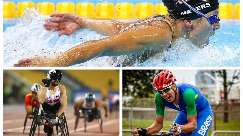 A wheelchair racer celebrating a win, a cyclist on a bike, a swimmer mid-butterfly stroke