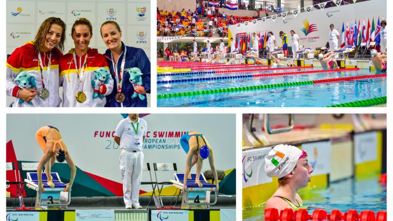 para swimmers jump into a pool, a swimmer reaches the wall, three women pose with their medals