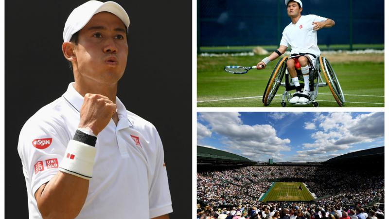 an able-bodied and wheelchair tennis player, a tennis stadium