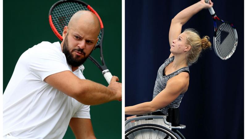 two wheelchair tennis players go for a shot