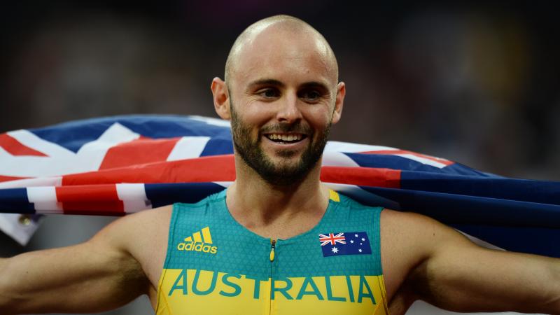 Australia's Scott Reardon celebrates winning the men's 100m T42 final during the World Para Athletics Championships London 2017.