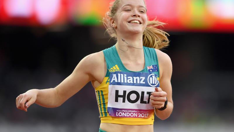 Australia's Isis Holt celebrates winning the gold medal with a world record in the women's 100m T35 at London 2017.