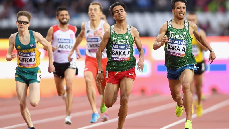 Fouad Baka of Algeria (L/Silver) and Abdellatif Baka of Algeria (R/Gold) cross the line to win their respective medals in the men's 1500m T13 final at London 2017.