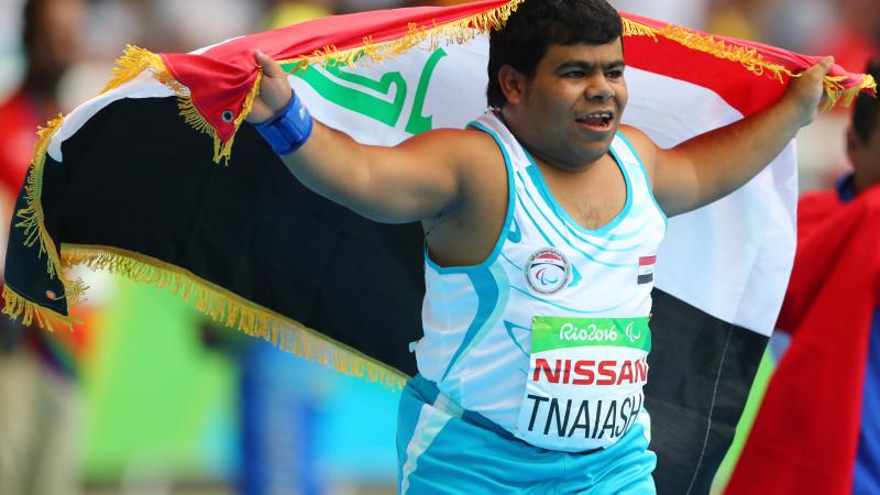 Garrah Tnaiash of Iraq celebrates after winning in men's shot put F40 at London 2017.