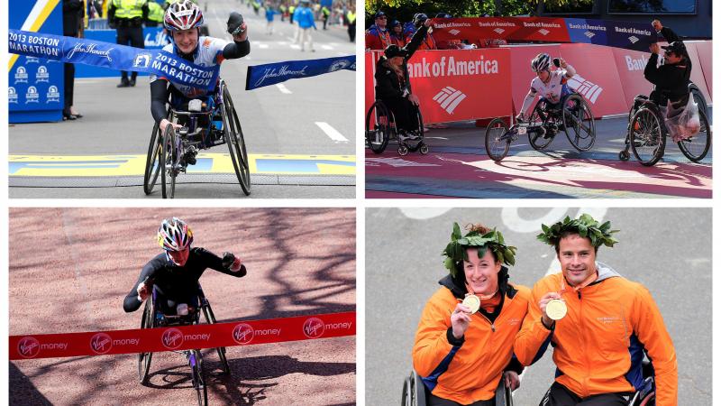 a female wheelchair racer crosses the finish line