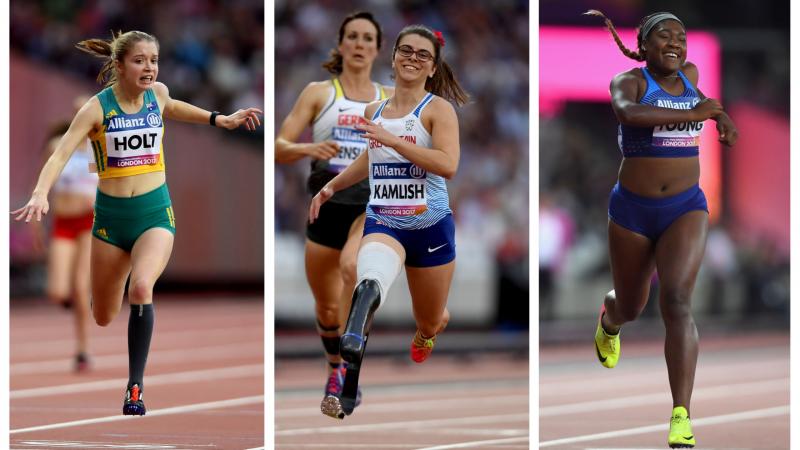 three female Para sprinters running 