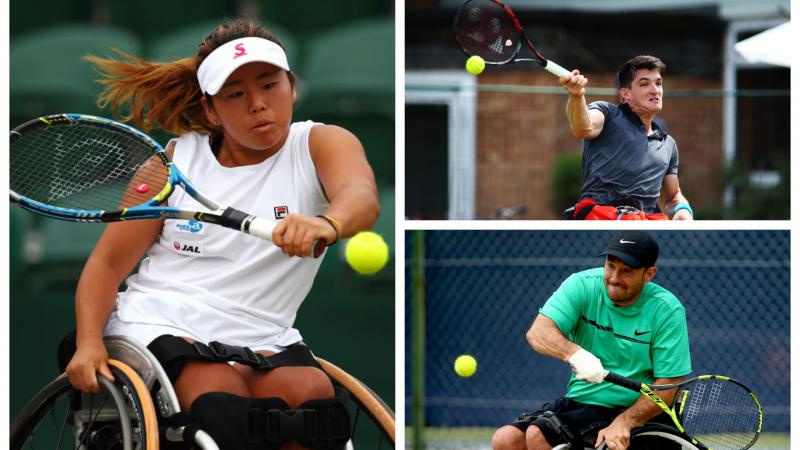 three wheelchair tennis players hit a shot