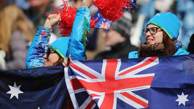 a group of fans cheer and wave flags