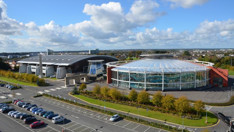 an aerial view of an aquatics centre