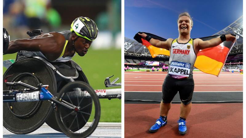 a wheelchair racer and a man celebrating with a German flag