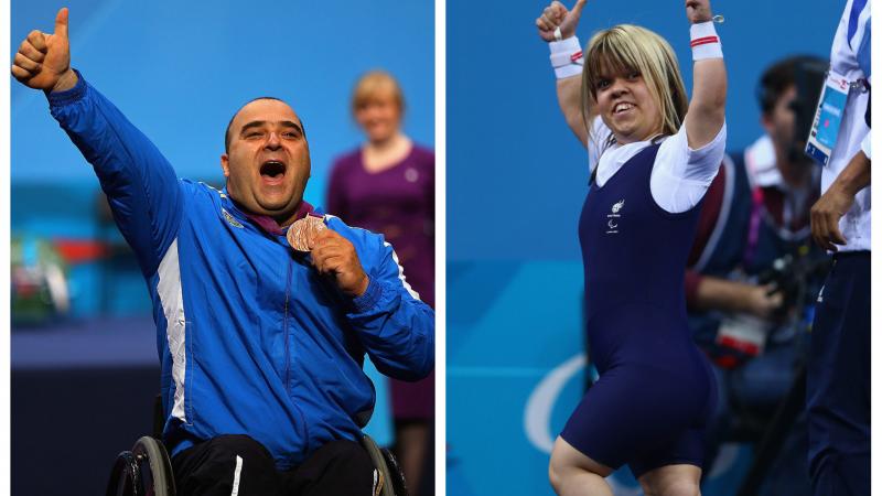 a male and a female powerlifter celebrate winning medals