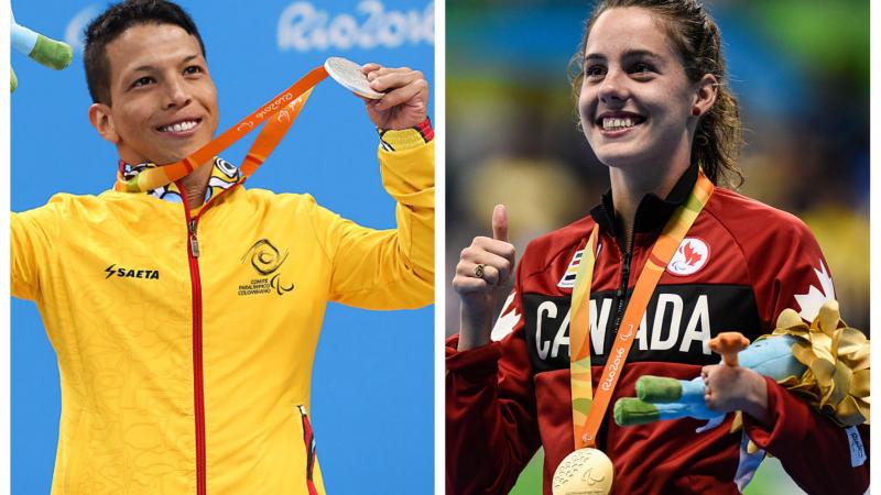 a male and a female para swimmer celebrate with their medals