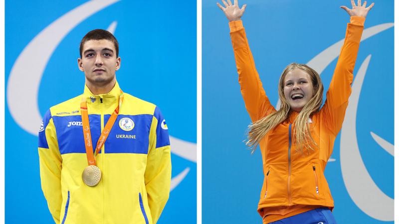 a male and a female Para swimmer celebrate on the podium