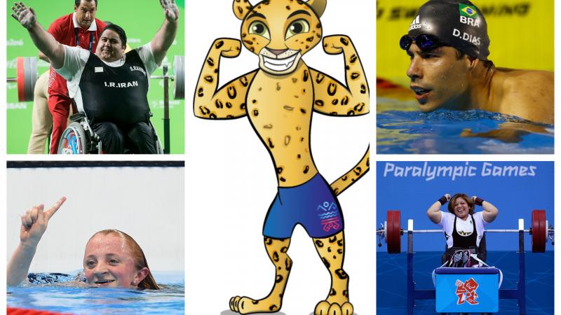 two Para powerlifters, two Para swimmers and a cartoon jaguar
