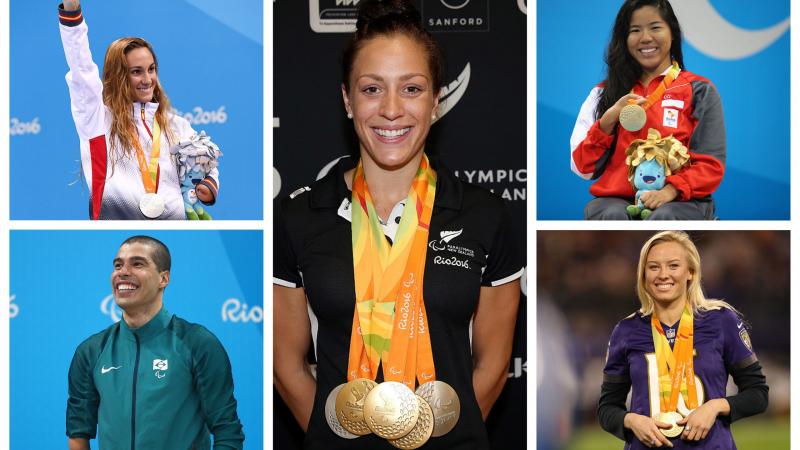 five Para swimmers smile on the podium