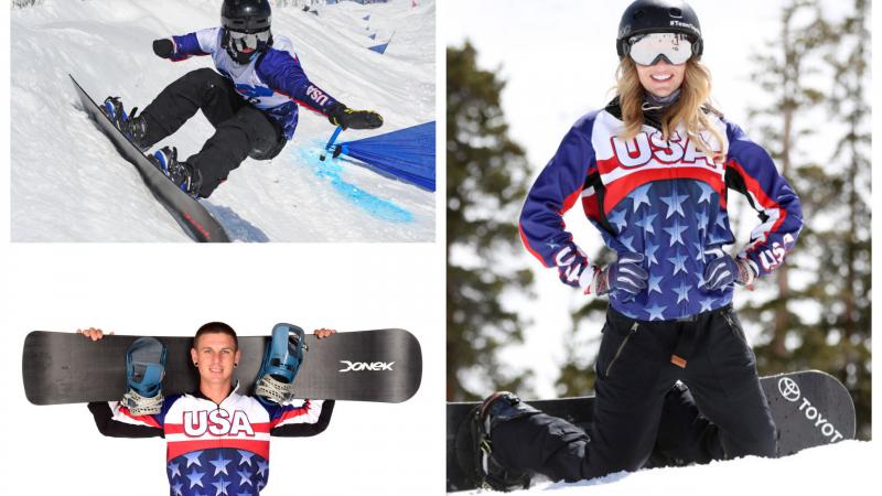 two male snowboarders and a female snowboarder