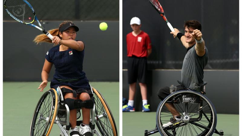 two wheelchair tennis players on the court