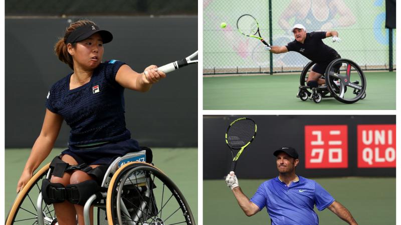 three wheelchair tennis players competing on a court