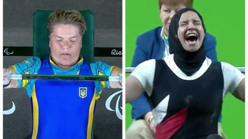 two female Para powerlifters on the bench