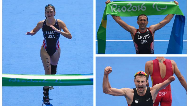 three Para triathletes celebrate crossing the finish line