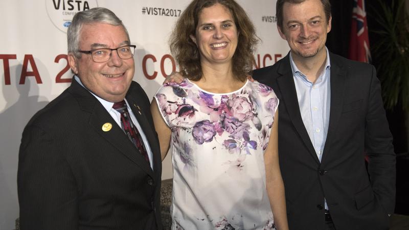 The IPC's founding President Dr. Bob Steadward, 2017 Scientific Award winner Victoria Goosey-Tolfrey and IPC President Andrew Parsons at the opening of VISTA 2017 in Toronto.