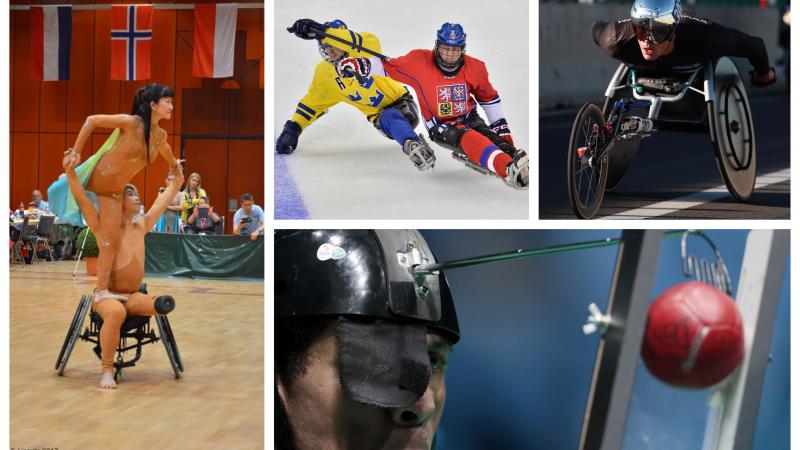 Para dance sport couple, wheelchair athlete, boccia player and Para ice hockey players compete at their sport
