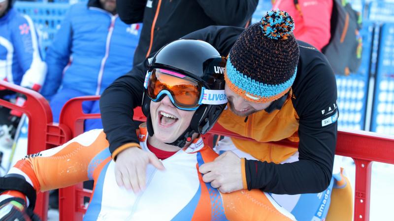 Jeroen Kampschreur a Para skier smiling after his run